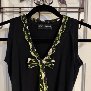 Dolce & Gabbana Vintage Black Sleeveless Top w/ Black Floral Neckline & Bow